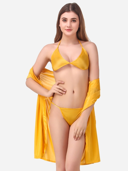 Romaisa Women's Satin Solid Yellow Robe with Lingerie Set