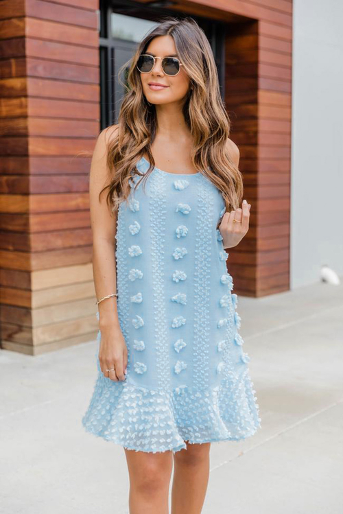 Light Blue Spaghetti Straps Jacquard Ruffle Mini Dress