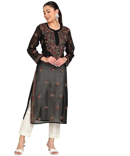 Women Hand Embroidered Lucknow Chikankari Georgette Black Kurta for