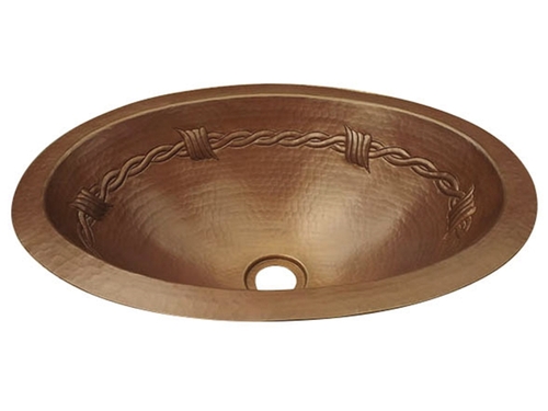 COPPER OVAL BATH SINK BARBWIRE DESIGN FLAT LIP 19X14X6 G18 DARK BROWN