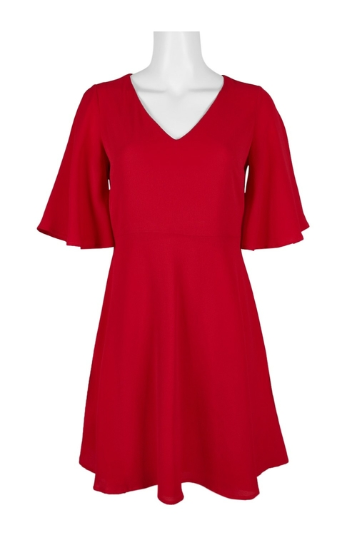 London Times V-Neck Short Sleeve Zipper Back Solid Polyester Dress