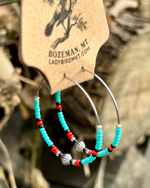 Turquoise & Silver Southwest Patterned Beaded Hoop Earrings