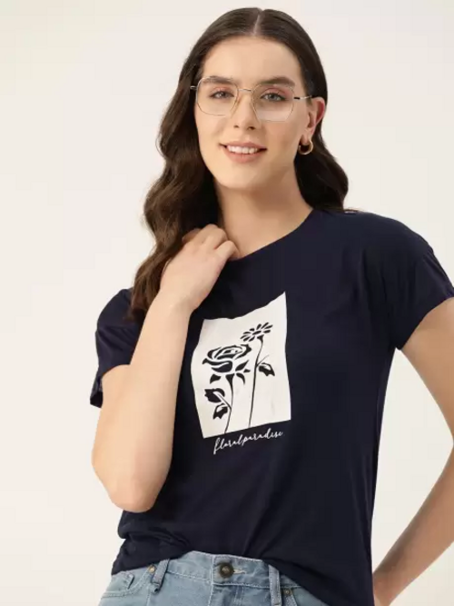 Women Printed Round Neck Cotton Blend Purple T-Shirt
