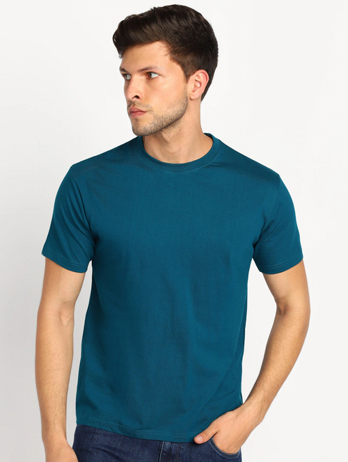 Men Solid Half Sleeves Round Neck Cotton Teal T-Shirt (Size XL)