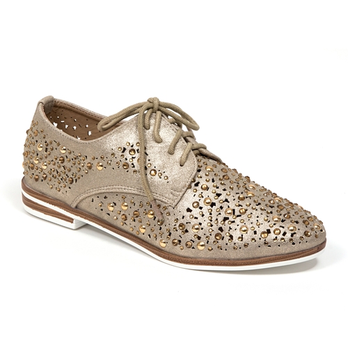 Metallic Flat Oxford Shoes with Laser Cutouts, Gold - Size 41