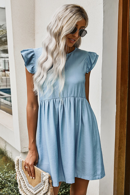 Flutter Sleeve Ruched Denim Casual Dress