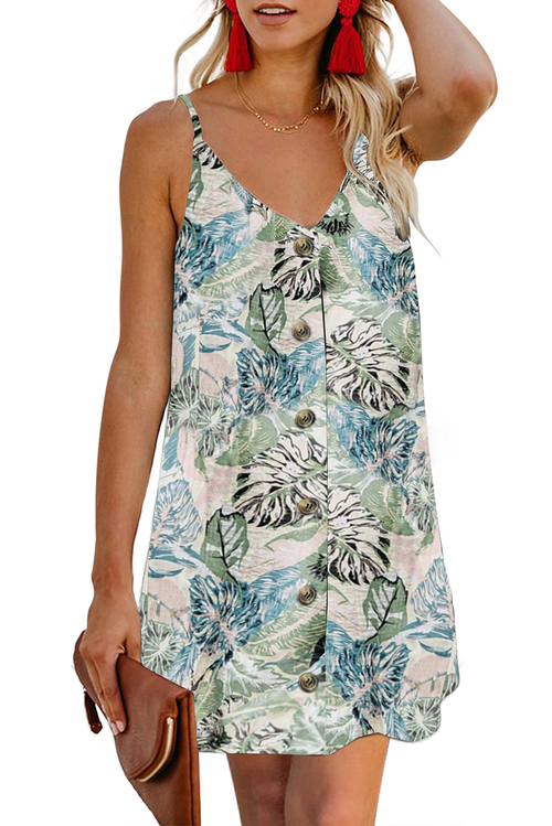 Sky Blue Floral Pattern Buttoned Slip Cami Dress