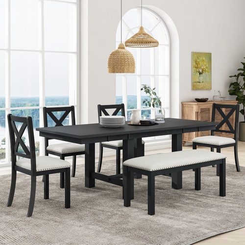 Farmhouse 82inch 6-Piece Extendable Dining Table with Footrest, 4