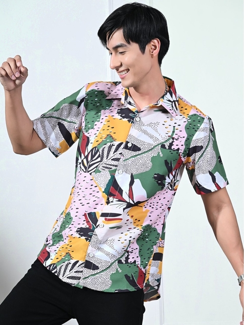 Tree Leaf Abstract Printed Casual Half Sleeves Shirt (Size-L)