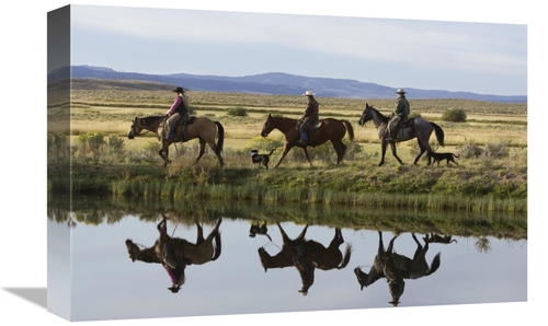 12 x 18 in. Cowboys & A Cowgirl Riding Horses Beside Pond, Oregon 