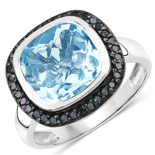 5.23 Carat Genuine Swiss Blue Topaz and Black Diamond .925 Sterling