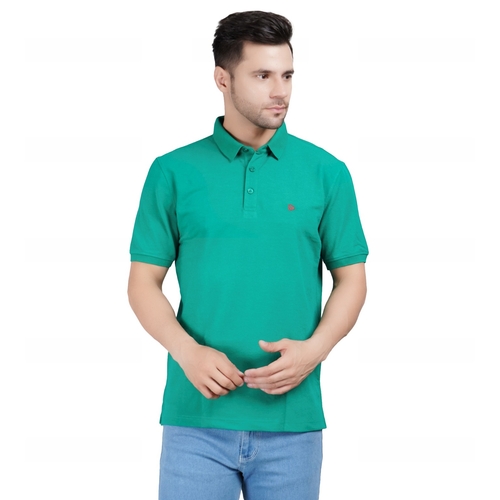 Men Solid Polo Neck Cotton Green T-Shirt (Size L)