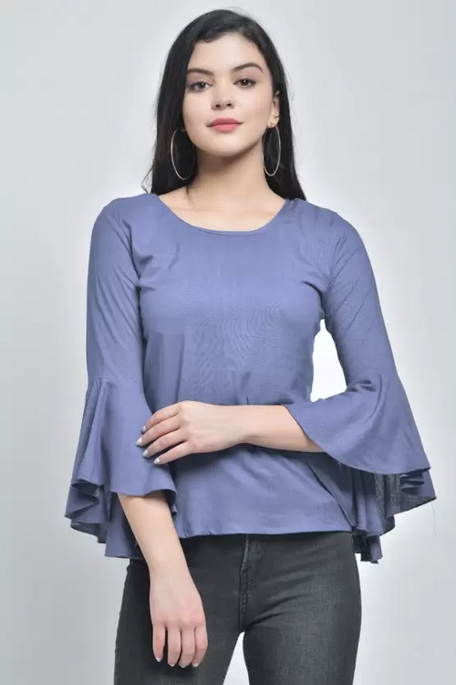 Casual BELLS Sleeves Solid Women TOP (Size-M) PURPLE)