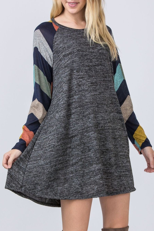 Dark Gray Colorful Striped Long Sleeves Mini Dress