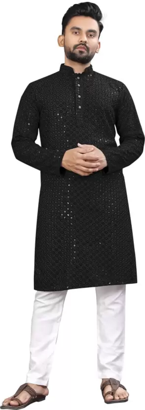 Men Embroidered Cotton Rayon A-line Kurta  (Black) (Size UK 32)