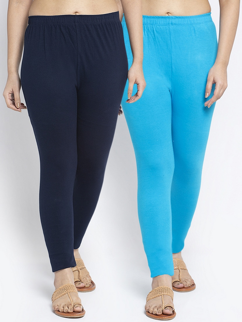 Women's Solid Ankle-Length Leggings (Pack of 2)(SizeM)(ColorBlue &