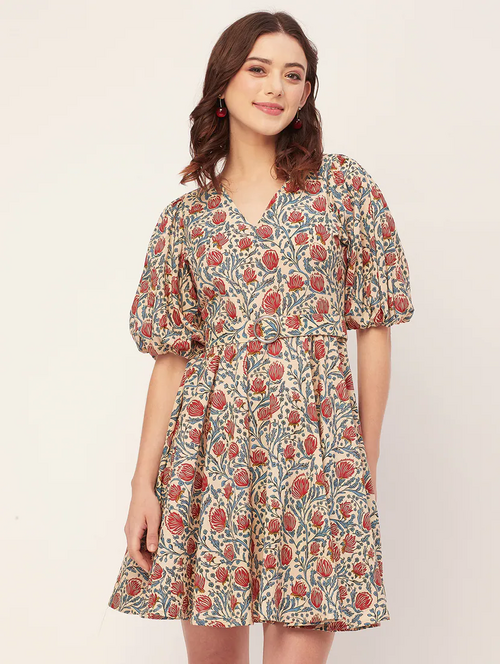 Women Ethnic Floral Printed Fit & Flare Dress (Size-L)