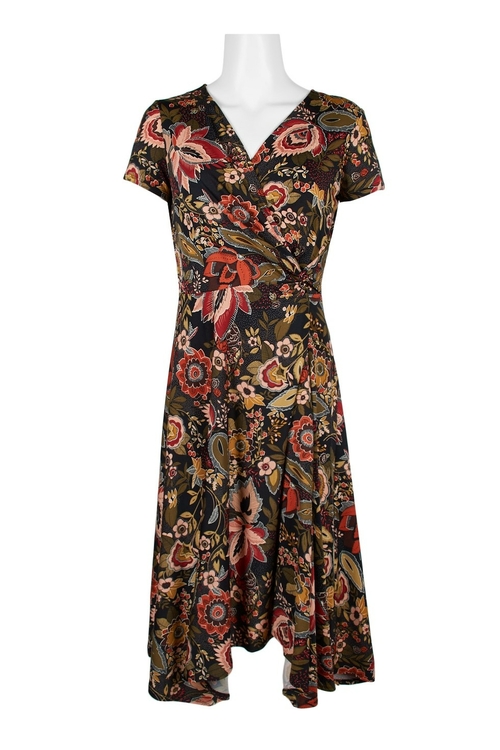 Perceptions V-Neck Short Sleeve Gathered Side Multi Print Dress