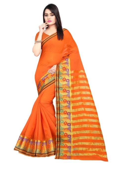 Generic Women's Cotton Silk Saree(Orange, 5.5-6