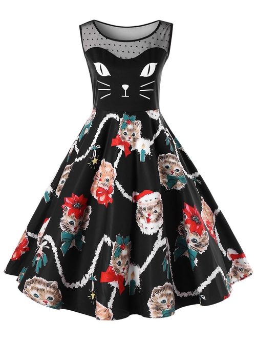 Christmas Plus Size Kitten Swing Dress Women