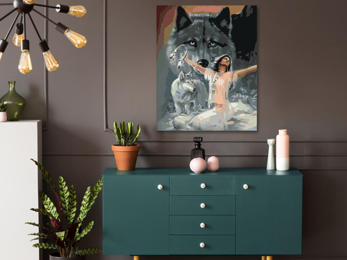 Paint by Numbers - DANCING INDIAN WOMAN WITH A WOLF