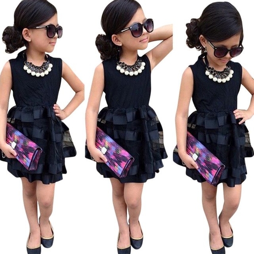 Girls Black mesh stitching sleeveless dress
