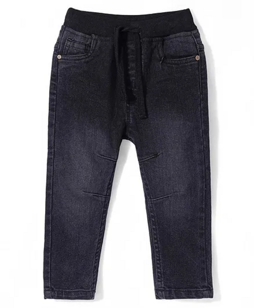 Cotton Denim Full Length Washed Stretchable Solid Joggers - Black