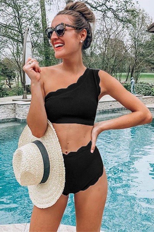 Black High Waist Scalloped Trim One Shoulder Bikini