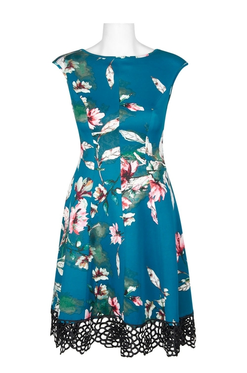 Donna Ricco Boat Neck Sleeveless Zipper Back A-Line Floral Scuba Dress