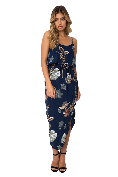 Navy Floral Print Summer Holiday Party Boho Dress