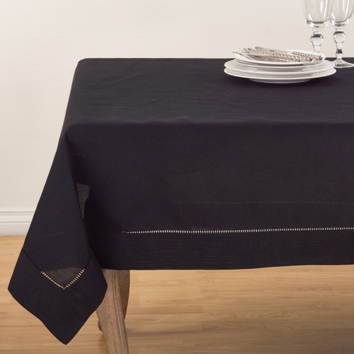 SARO 6304.BK72S 72 in. Square Classic Hemstitch Border Tablecloth  Bla