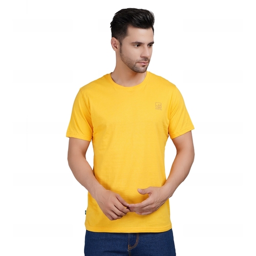 Men Printed Round Neck Cotton Yellow T-Shirt (Size L)