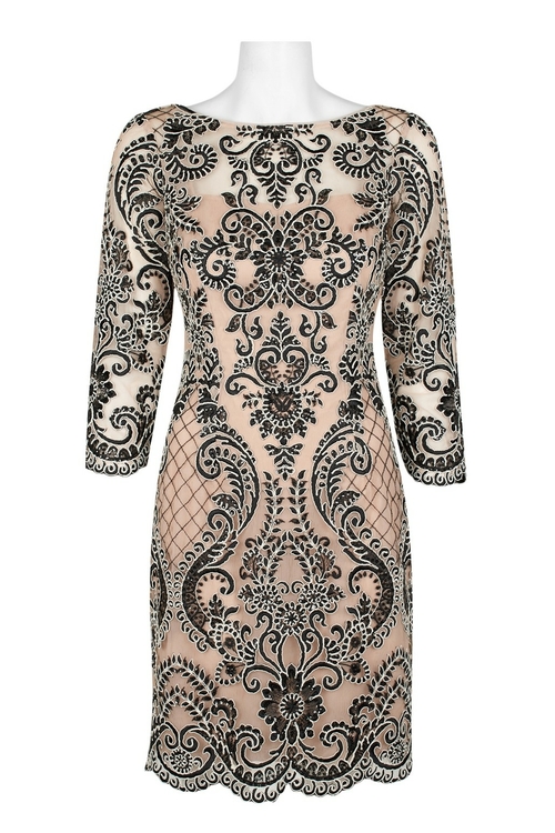 Aidan Mattox Boat Neck Long Sleeve Illusion Bodycon Zipper Back