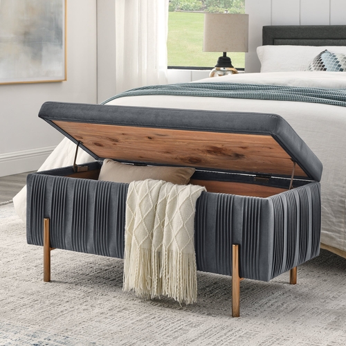 Elegant Upholstered Velvet Storage Bench with Cedar Wood Veneer, Large