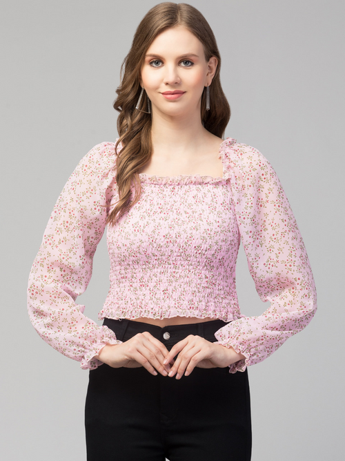 Women Girls Puff Sleeves Floral Smocked Top-PINK
