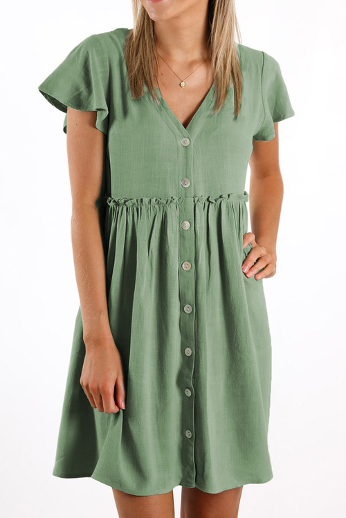 Sage V Neck Buttoned Empire Waist Babydoll Mini Dress