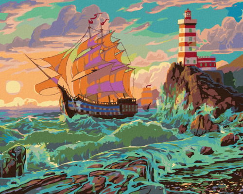 Zuty - Paint by Numbers â€“ BOAT IN THE WAVES AND A LIGHTHOUSE (IMAGE