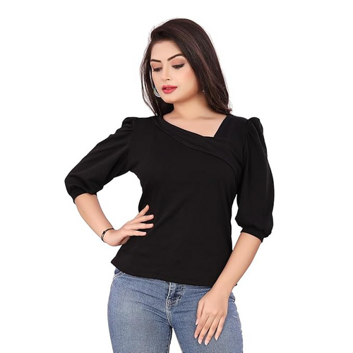 Casual Lycra Blend Asymmetric Neck Puff Half Sleeves (Size-S)