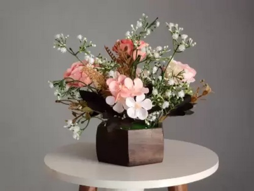 Wooden pot mix design flower for home office gift Pink Rose 