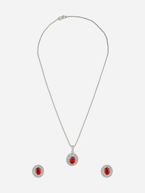 Red Stone Silver Pendant Chain with Earrings For Women