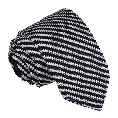 Diagonal Stripe Knitted Slim Tie - Black & White