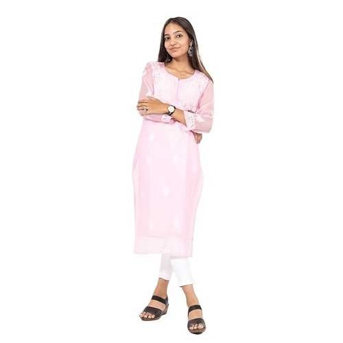 Chikankari Georgette Kurti for Girls & Women (Size-L) (Color-PINK)