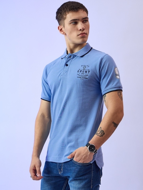 Men's Printed Pure Cotton Polo T-Shirt (Color Sky Blue) (Size L)