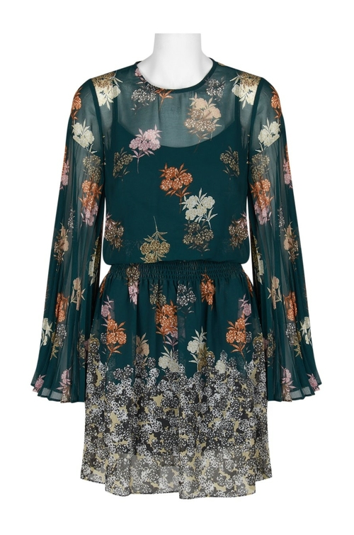 Donna Morgan Crew Neck Long Sleeve Elastic Waist Keyhole Back Floral