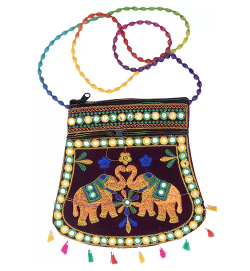 BLACK Women Sling Bag Handcrafted Two Elephant Cotton