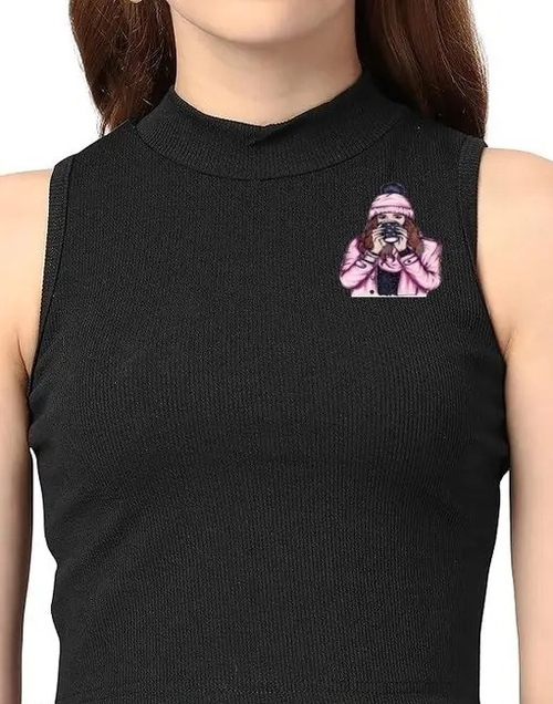 Women's & Girls' Solid Ribbed Slim Fit Crop Tank Top  Black