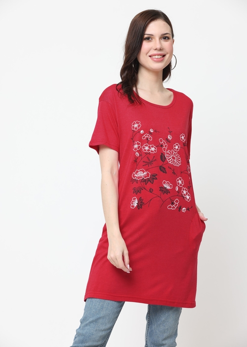 Women'S Round Neck Cotton Printed Long Tshirt (Size-Xl) (Color-Red)