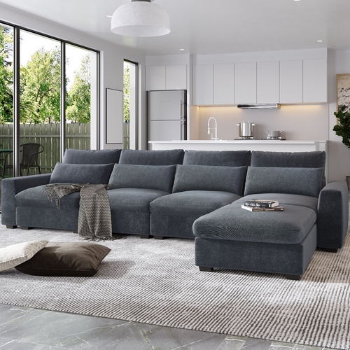 Modern Large L-Shape Feather Filled Sectional Sofa,  Convertible Sofa