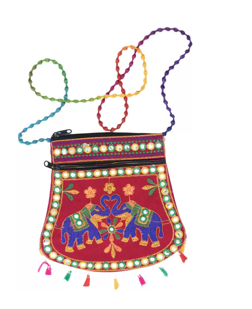 RED Women Sling Bag Handcrafted Two Elephant Cotton