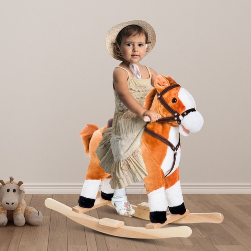 Qaba Kids Rocking Horse Child Plush Ride on Toy with Realistic Sound